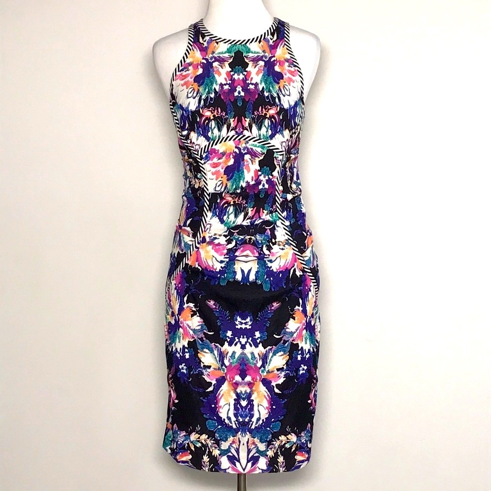 Nicole Miller Artelier Women’s Multi Colored Ruched Sheath Midi Dress Size 2